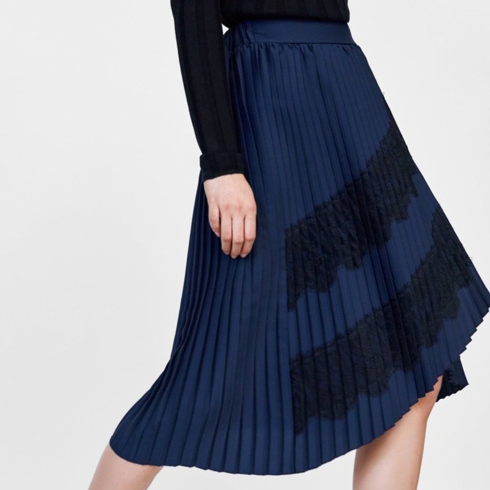 ZARA BLUE & BLACK PLEATED MIDI SKIRT BLACK LACE DETAIL BRAND NEW WITH TAGS XS